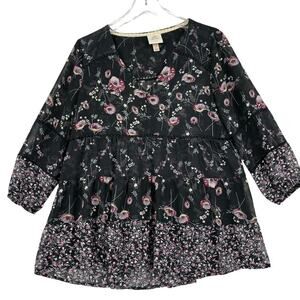 Knox Rose Tiered Blouse Size S Black Floral Babydoll Semi Sheer Black Floral